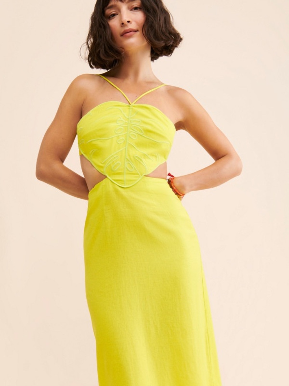 $198 FARM Rio Neon Yellow Strapless Cutout Monstera Midi Dress Medium M